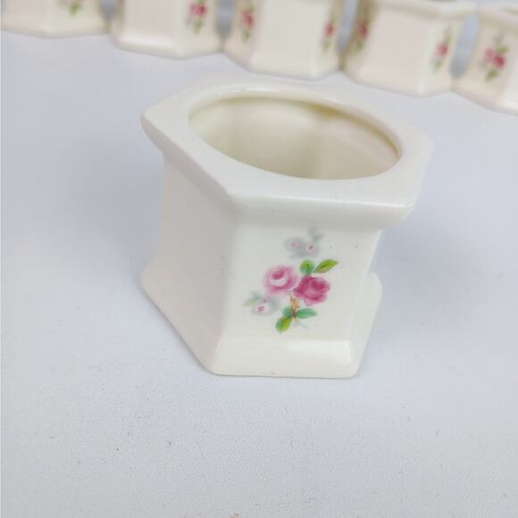 Vintage Set of 8 Cream Porcelain Pink Rose Cottage-core Napkin Rings - Picture 2 of 5
